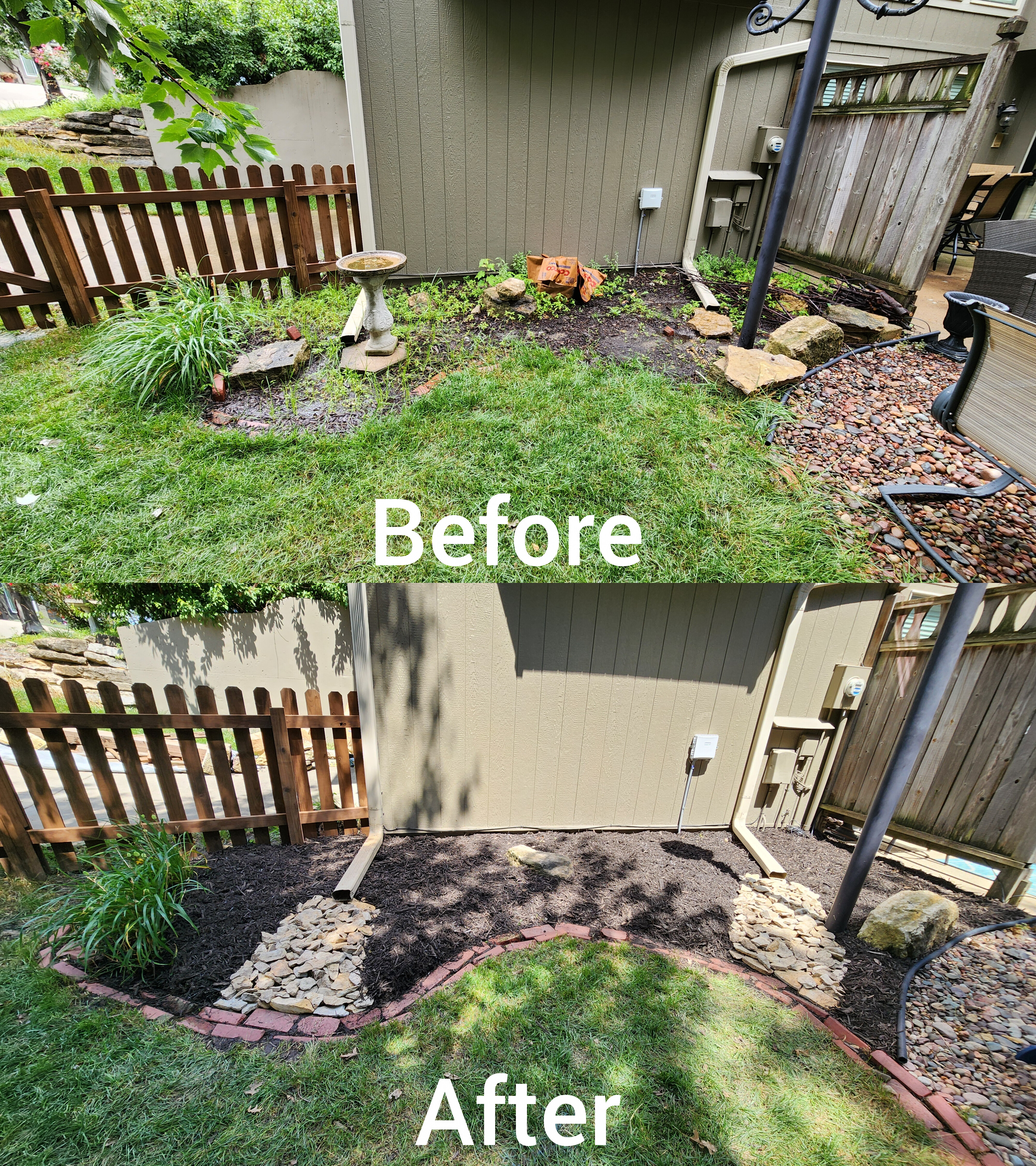 Bed cleanup and mulch before and after